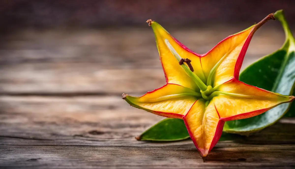 A photo of a star fruit with vibrant colors and a unique shape