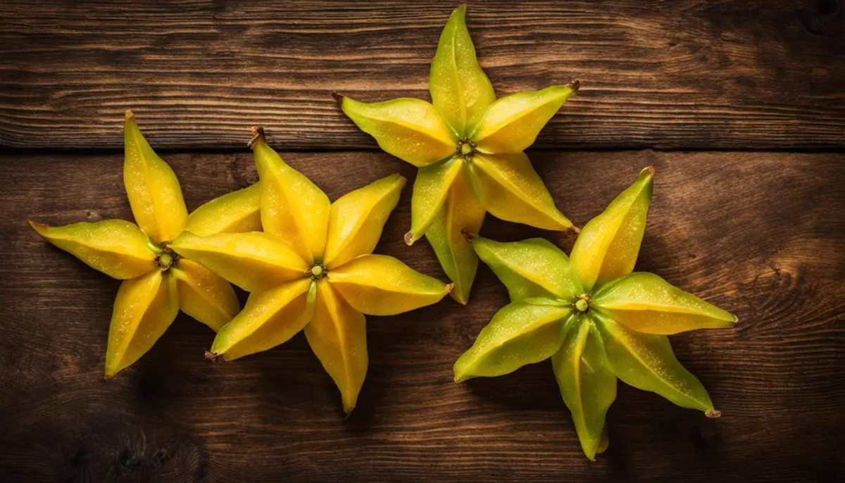 A close-up image of star fruit on a wooden background, showcasing their unique star-like shape and vibrant yellow color.