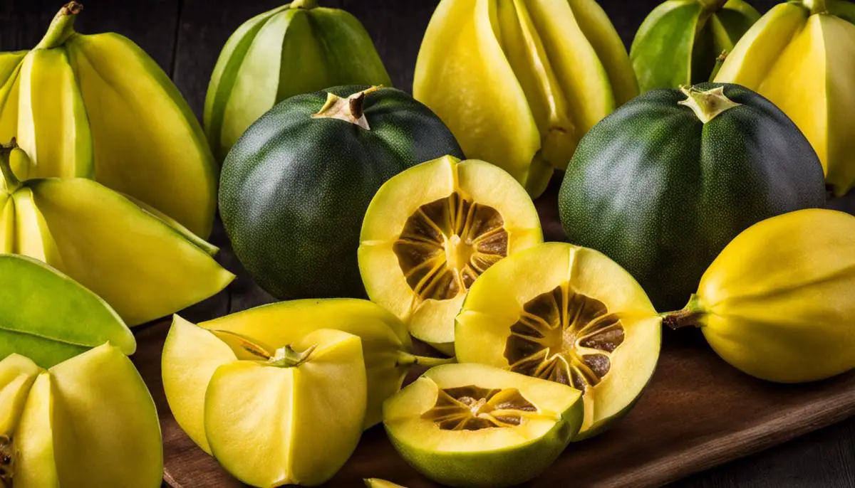 A ripe star fruit with a yellow skin and distinct star-shaped cross-section when sliced.