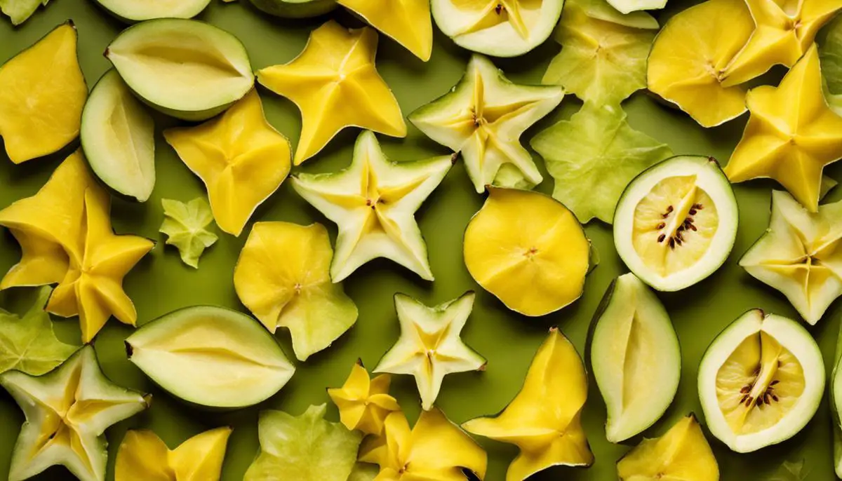 A sliced star fruit with a distinctive star shape, firm and bright yellow with slightly brown edges.