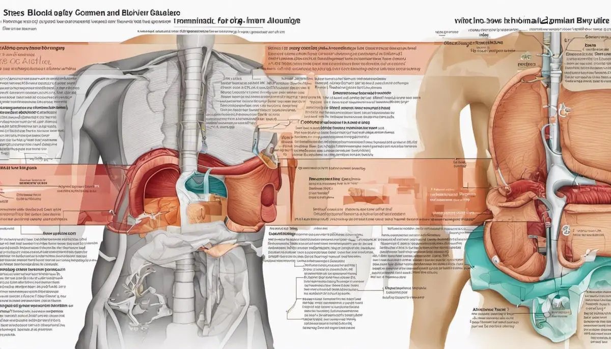 A diagram illustrating the connection between stress and abdominal bloating in the human body