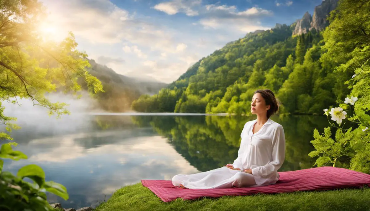 A person practicing relaxation techniques with closed eyes, surrounded by nature, to manage stress and improve lactation.
