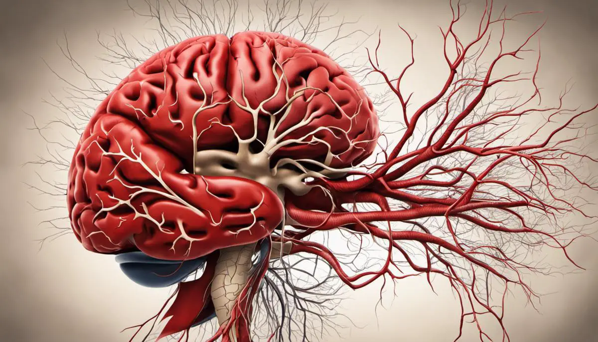 Image depicting the relationship between stress and stroke, showing an interconnected brain and a circulatory system with a blocked artery causing a stroke.