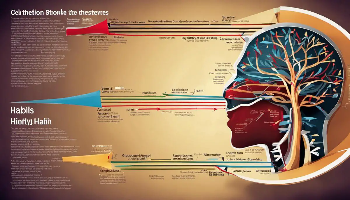An image depicting the connection between stress and stroke, showing arrows going from stress to unhealthy lifestyle habits to stroke.