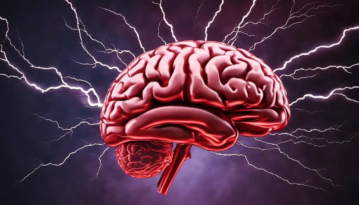 A visual representation of the link between stress and stroke risk, depicting a brain with lightning bolts to symbolize stress and a blocked blood vessel to represent stroke risk.