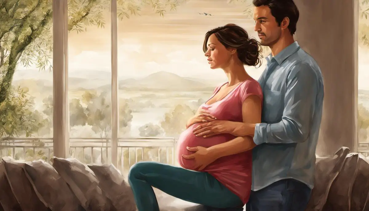 Illustration showing a pregnant woman with a man holding his belly sympathetically, representing sympathetic pregnancy.