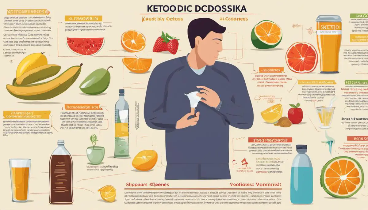 Illustration of symptoms of DKA and Ketoacidosis, showing a person experiencing excessive thirst, frequent urination, nausea, vomiting, abdominal pain, shortness of breath, confusion, fatigue or sleepiness, and a fruity breath odor to represent the description in the text.