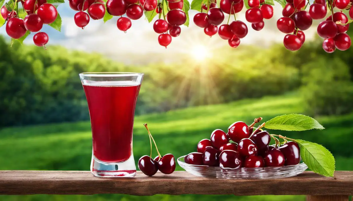 A glass of tart cherry juice with a description of its sleep-promoting properties, antioxidant benefits, and potential immune system boost.