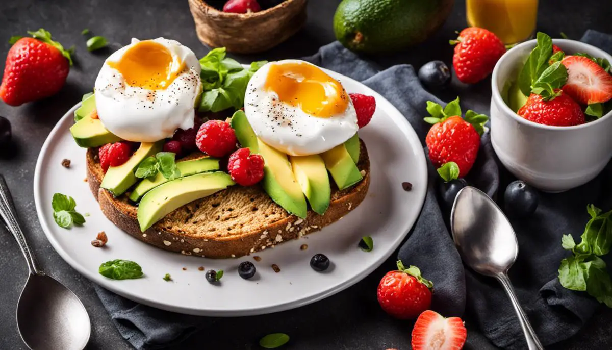 A colorful image of a delicious breakfast plate with wholegrain toast, avocado slices, and a poached egg, accompanied by a fresh fruit salad.