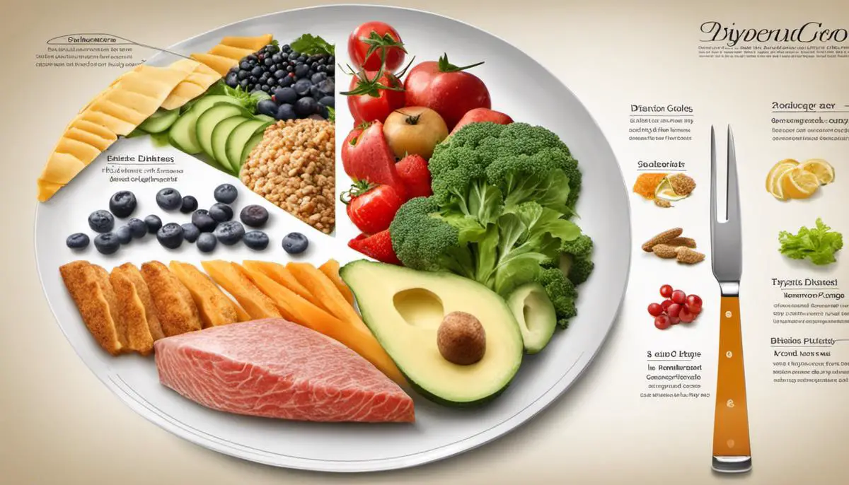 A diagram showing a plate divided into sections representing portions of different food groups for a balanced diet for people with type 2 diabetes.
