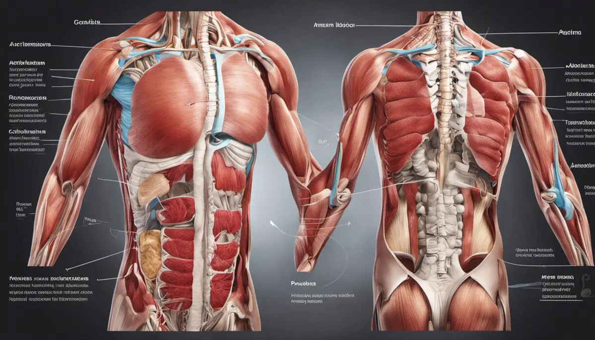 Illustration of the human abdominal area with labels pointing to the stomach, liver, pancreas, intestines, rectus abdominis, transverse abdominis, and oblique muscles.