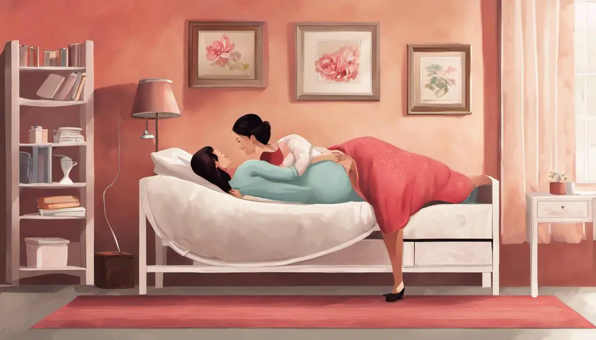 Illustration depicting sympathetic pregnancy, where a non-pregnant partner experiences symptoms and behaviors typically associated with pregnancy.