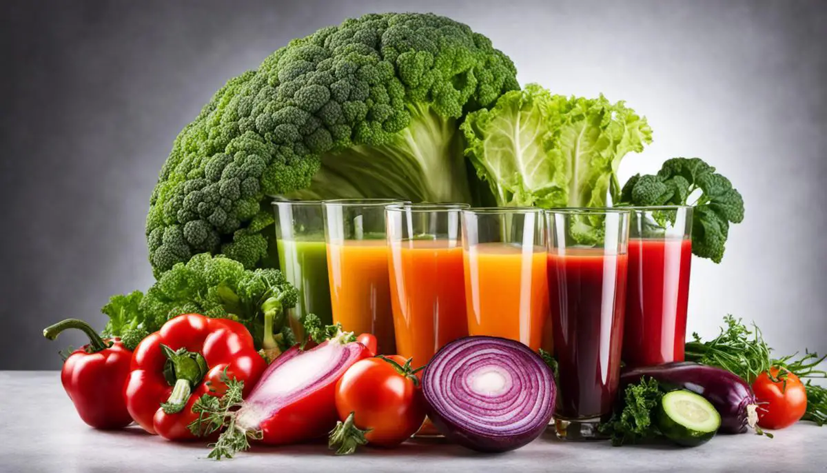 Image depicting different vegetables and a glass of vegetable juice