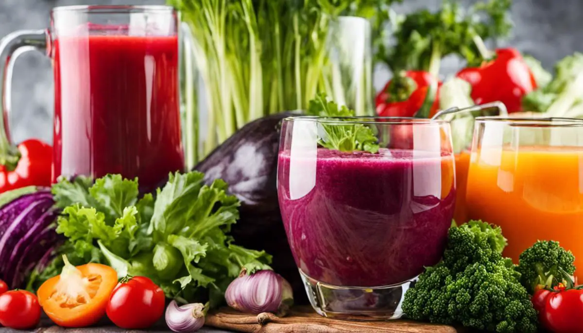 A glass of colorful vegetable juice with a variety of vegetables in it.