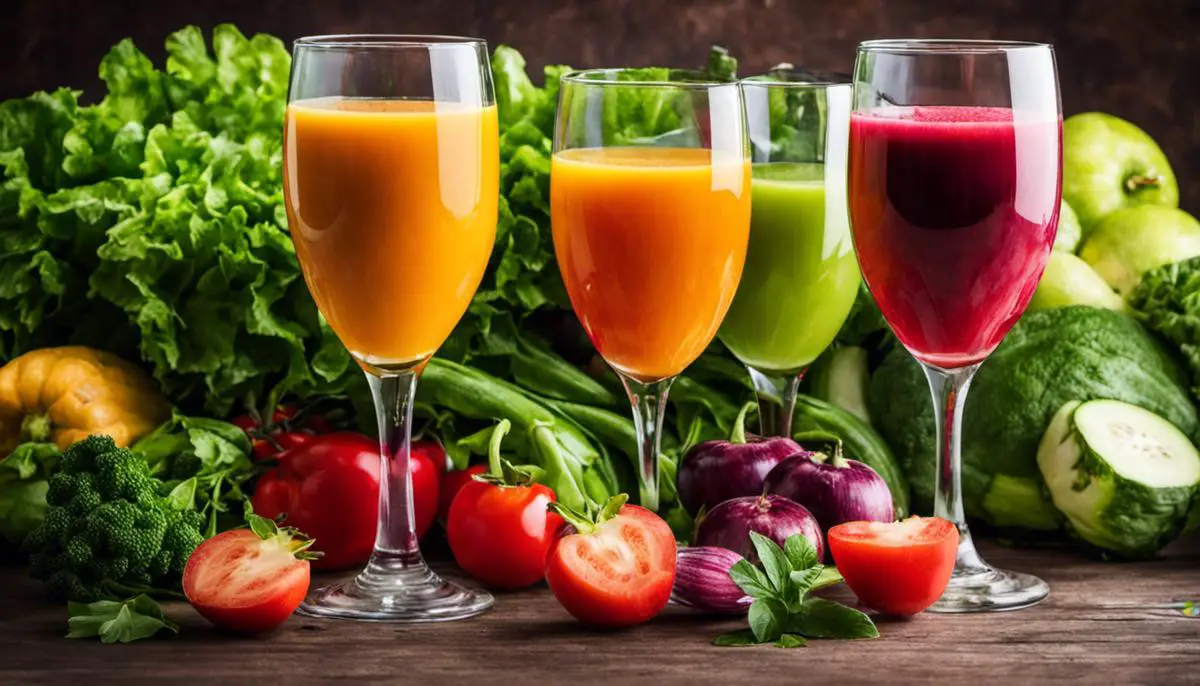 A colorful assortment of fresh vegetable juices in different glasses surrounded by fruits and vegetables.