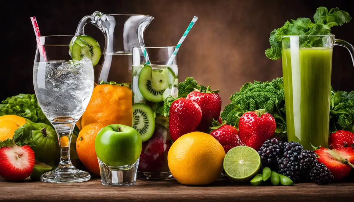 An image showing a glass of water and various healthy fruits and vegetables, emphasizing the importance of water for digestion and overall health.