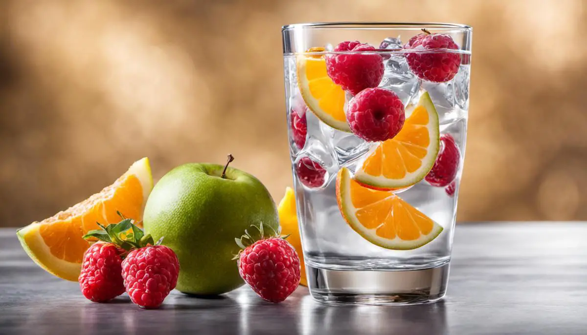 Image of a glass of water with slices of fruits floating in it, representing the role of water in promoting digestive health.