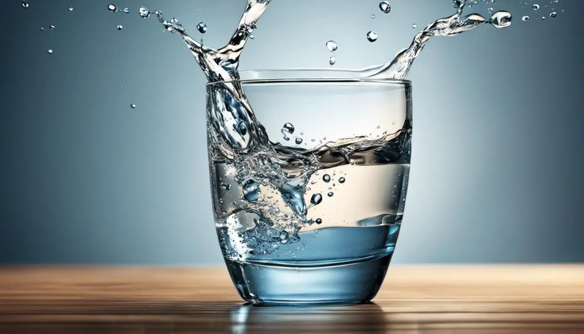 Illustration of a glass of water with a splash, representing the importance of water for hydration.