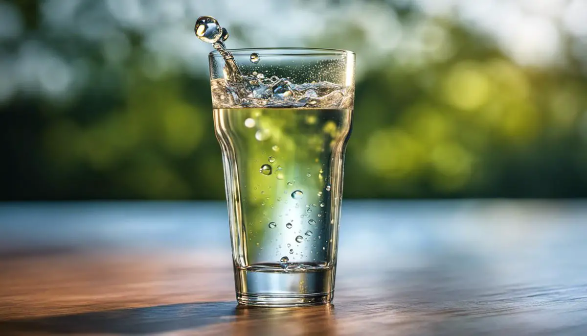 A visualization of a glass of water with water droplets around it, representing the importance of hydration.