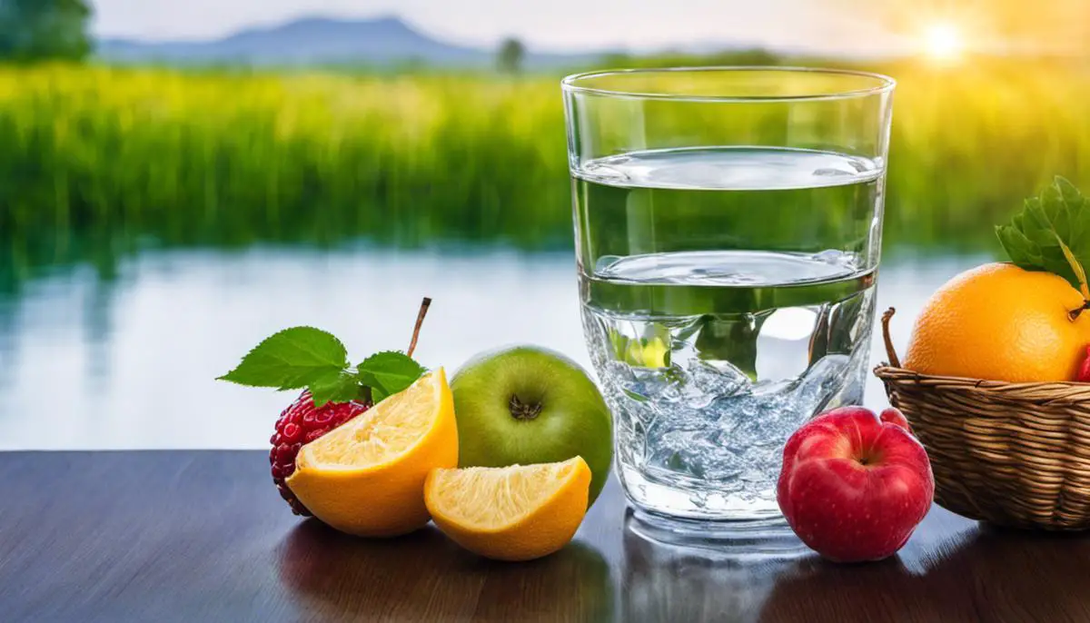 Image of fruits and water glass, representing tips for improving water intake