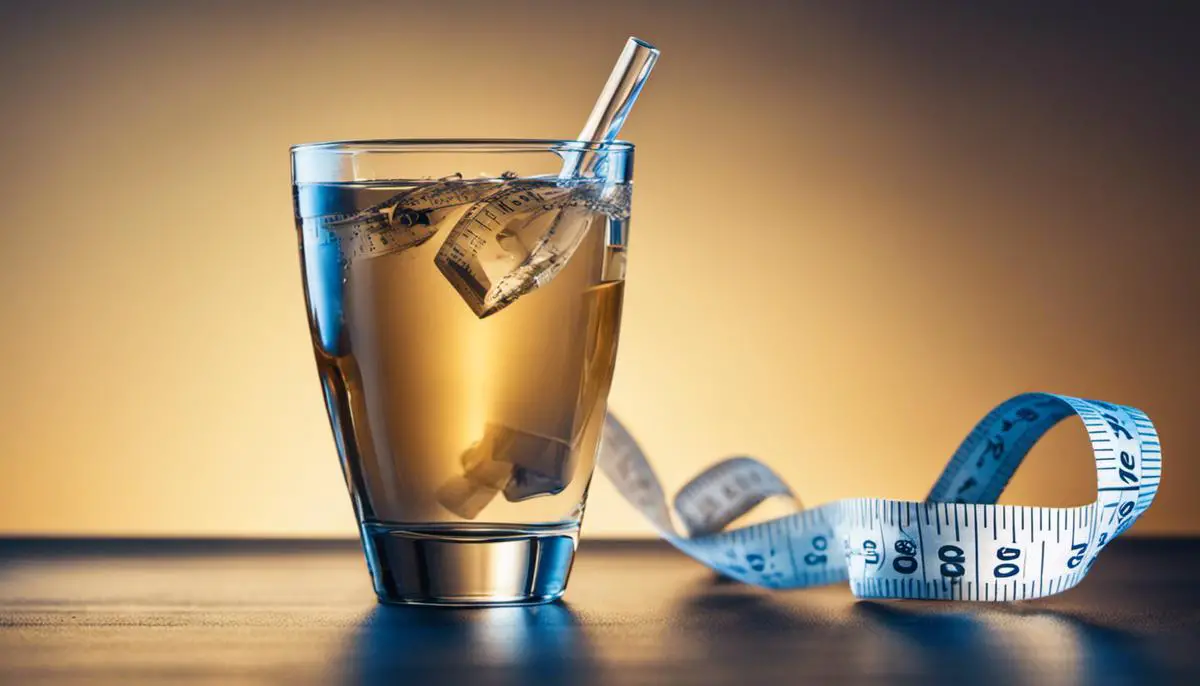 A glass of water with a measuring tape wrapped around it, symbolizing the role of water in weight management.