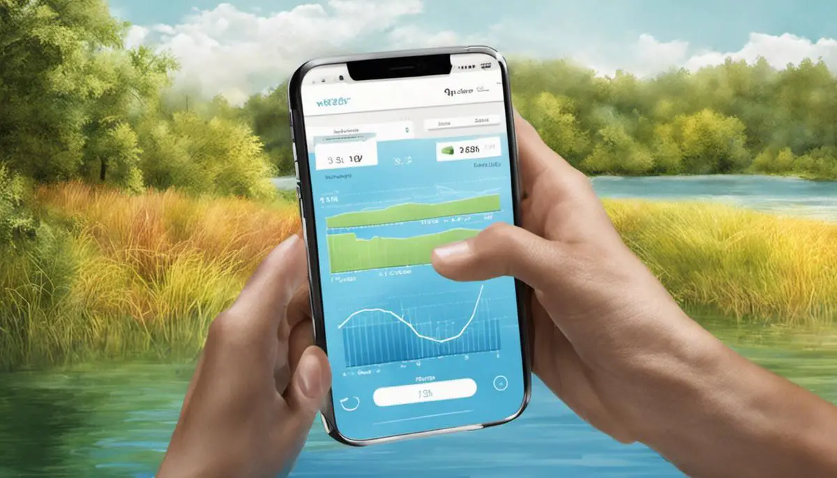 Illustration of a person using a water tracker application on their smartphone.