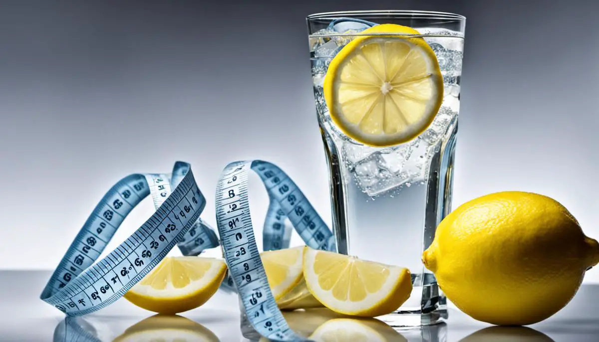 A glass of water with lemon slices and a measuring tape wrapped around it, symbolizing the connection between water and weight loss.