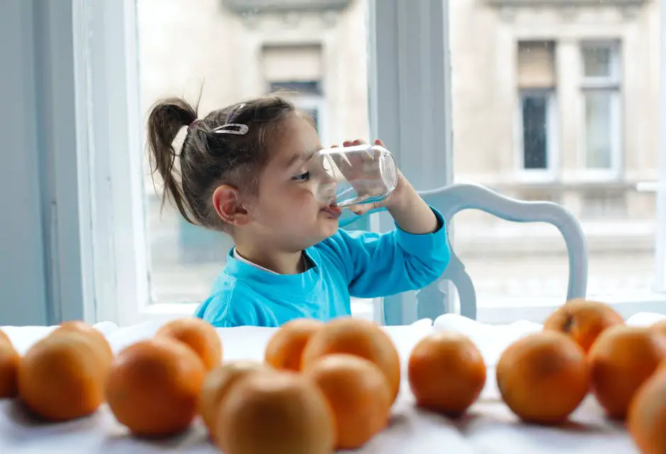 Image of a child drinking water from a glass to illustrate the importance of water intake for children's health