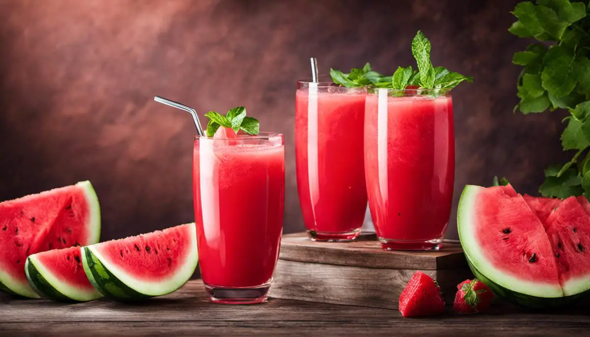 A glass of refreshing watermelon juice with a slice of watermelon on top.