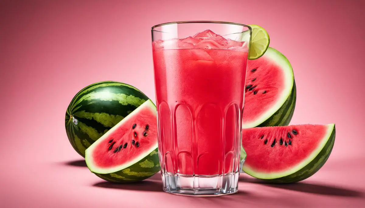 A refreshing glass of watermelon juice served with a few slices of watermelon