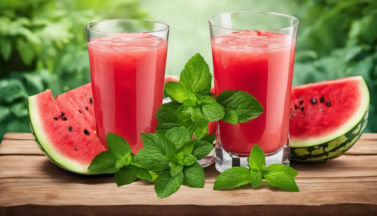 A refreshing glass of watermelon juice garnished with mint leaves