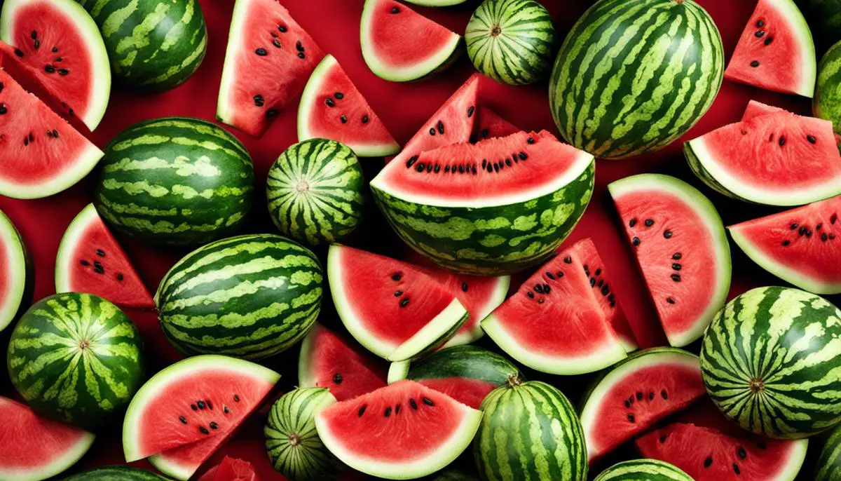 Image of various watermelons, with some being sliced and others whole, to accompany the text about choosing the perfect watermelon.