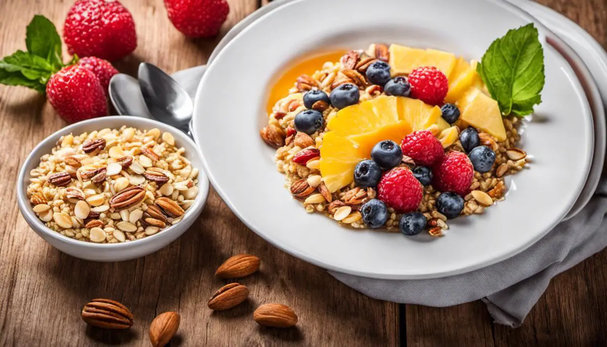 A mouth-watering image of a whole grain breakfast dish with various ingredients such as oats, fruits, and nuts, perfectly arranged on a plate.