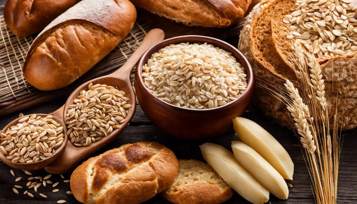 A close-up image of various whole grains, such as brown rice, oatmeal, and whole wheat bread, symbolizing their importance in a lactating mother's diet.